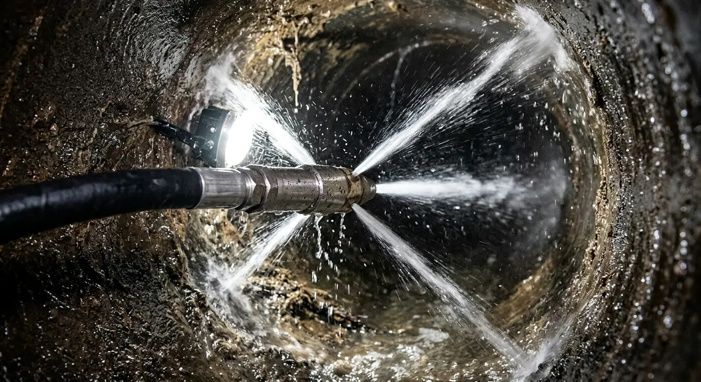 High-pressure hydro jetting nozzle cleaning sewer pipe for Trenchless Sewer Repair in Crestline