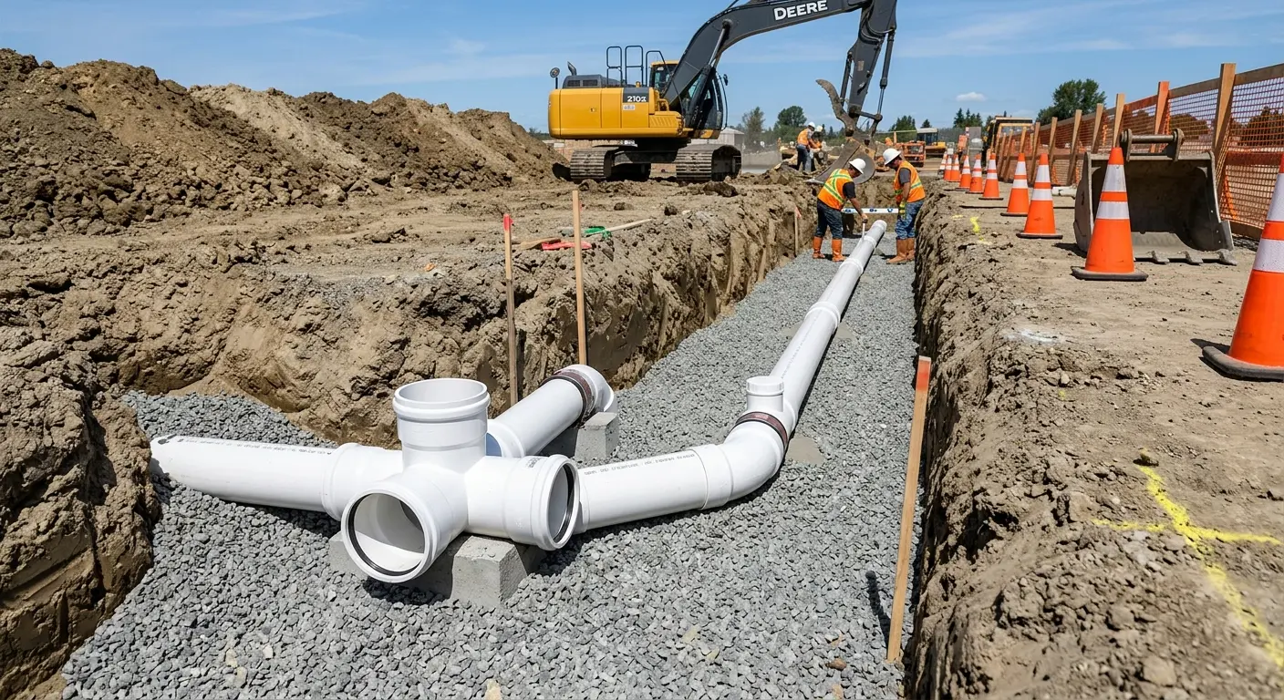 New PVC sewer pipe installation in open trench for Commercial Drain Cleaning in Crestline