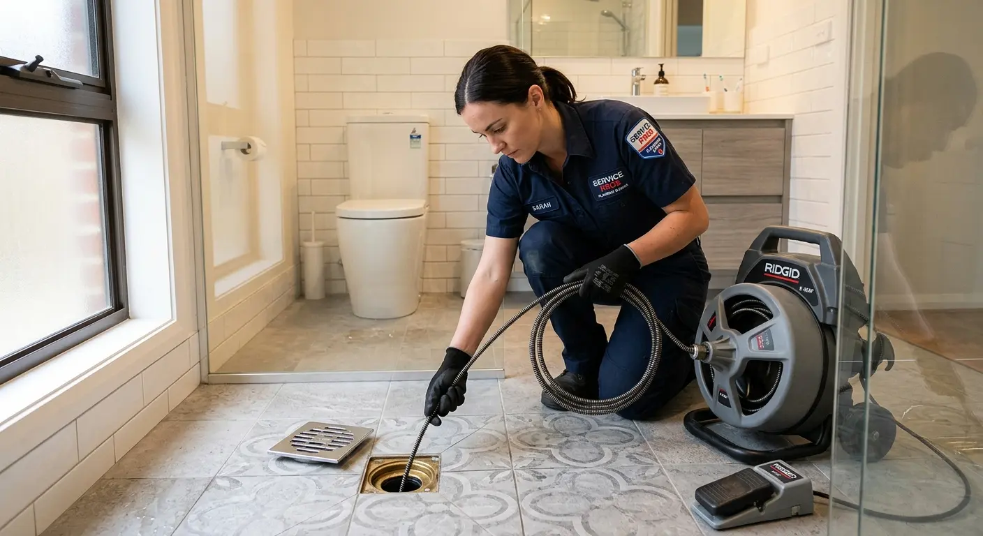 Technician clearing a bathroom floor drain for Drain Cleaning in Crestline